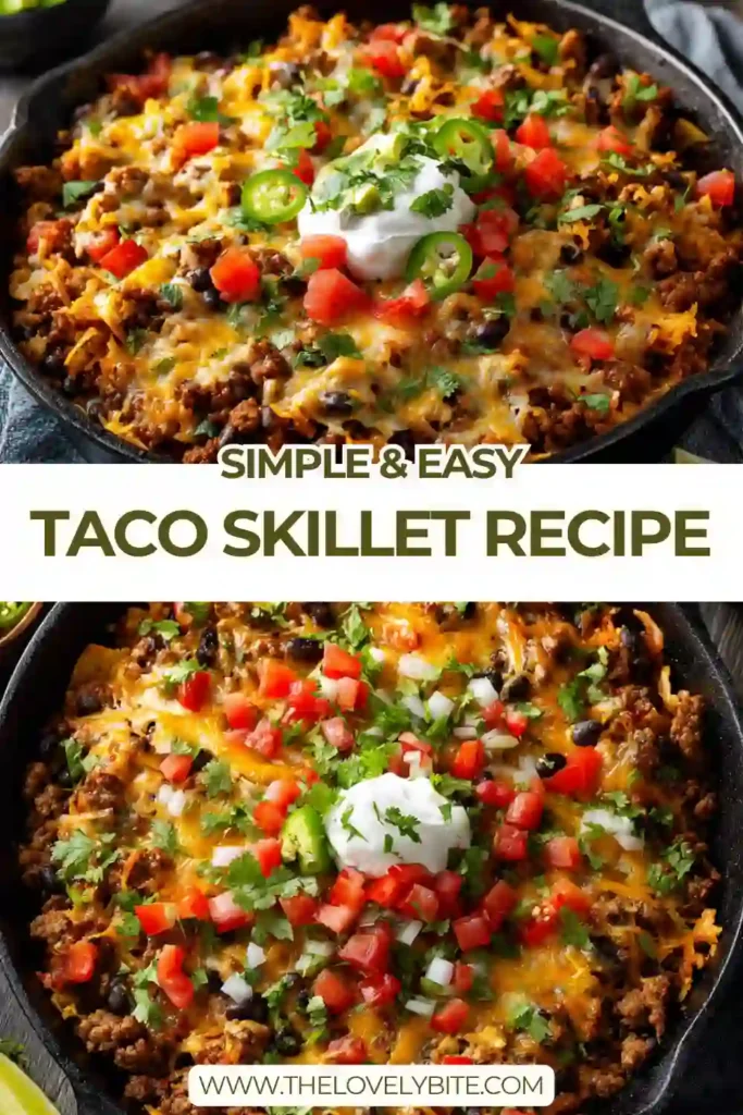 Easy taco skillet recipe with ground beef, rice, tomatoes, melted cheese, and fresh lettuce in a pan.