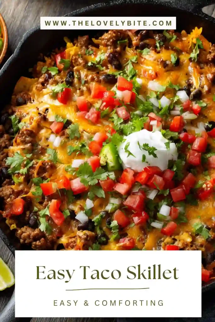 One pan taco skillet recipe featuring cheesy beef and rice topped with lettuce.
