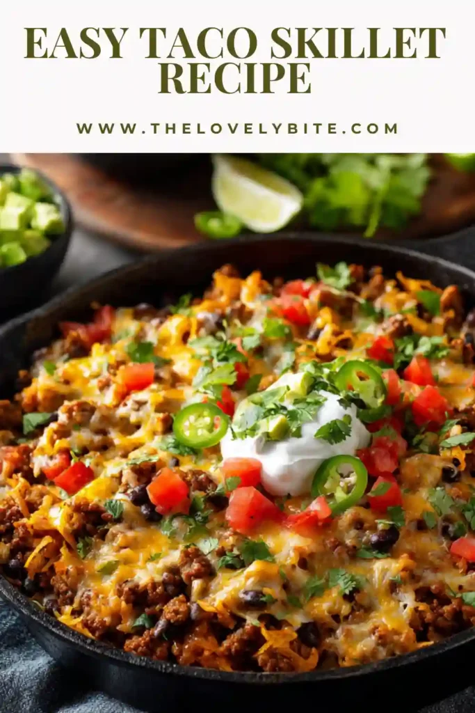 Homemade easy taco skillet recipe served hot with melted cheese and taco toppings.