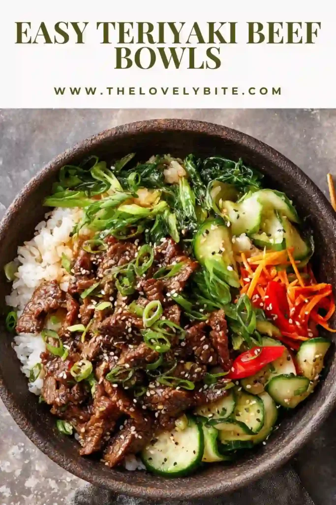 Close-up of teriyaki beef rice bowl with ground beef, edamame, and snow peas in a rich gluten-free sauce.