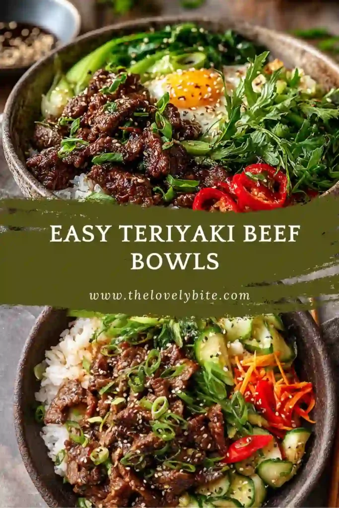 Easy teriyaki beef bowls served with jasmine rice and colorful vegetables, topped with sesame seeds and green onions.
