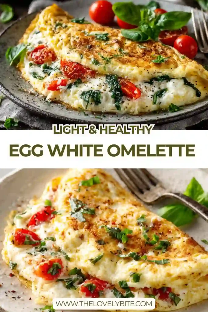 Close-up of a folded Egg White Omelette topped with parmesan cheese and sautéed vegetables. A perfect low calorie breakfast option.