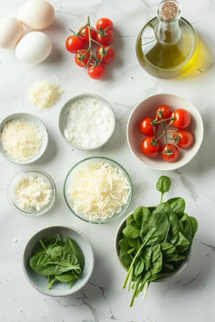 A fluffy Egg White Omelette filled with spinach, cherry tomatoes, and onions cooked in a non-stick pan. This healthy omelette looks light, fresh, and protein-rich.