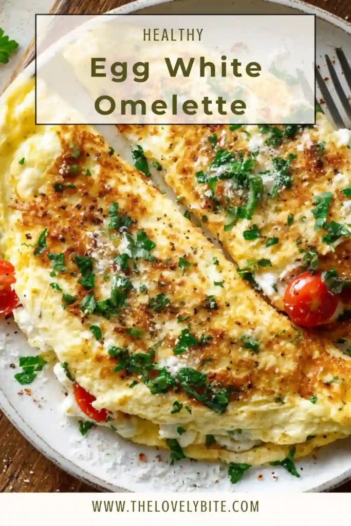 A golden Egg White Omelette packed with spinach and tomatoes, showcasing a nutritious and high protein breakfast recipe.