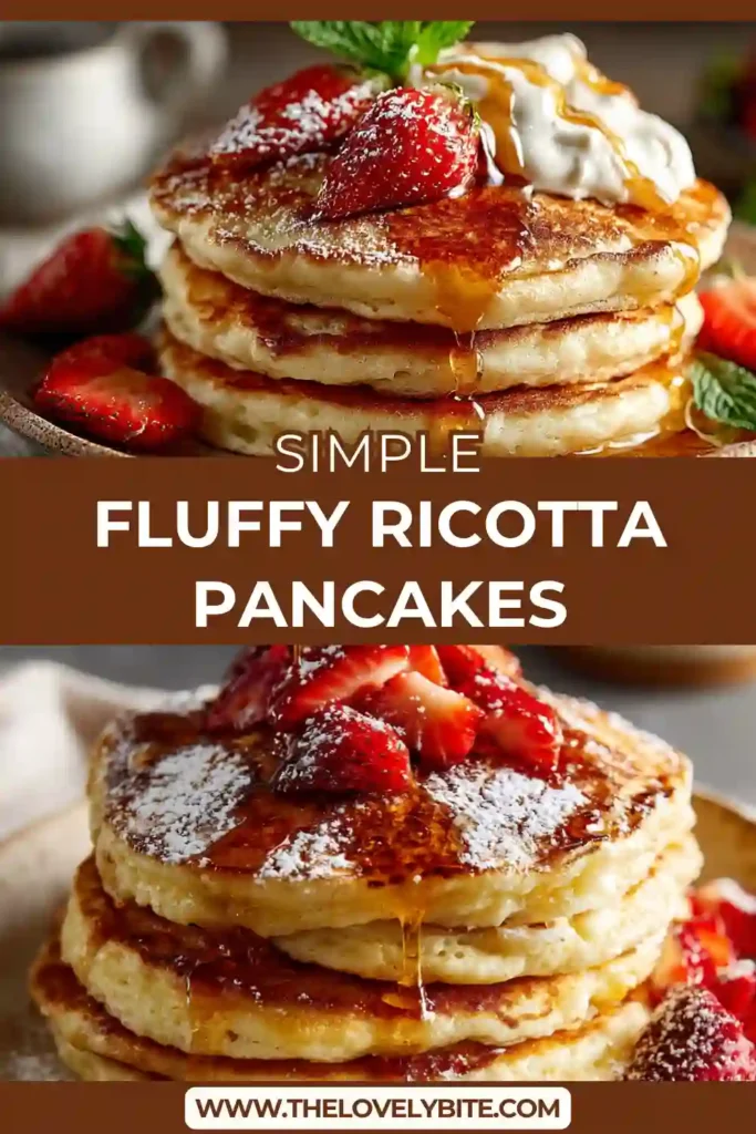 Freshly cooked ricotta pancakes served with macerated strawberries and butter. The pancakes are golden and thick.