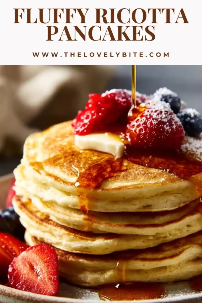 Close-up of homemade fluffy ricotta pancakes with syrup dripping over layers. The texture appears light and tender.