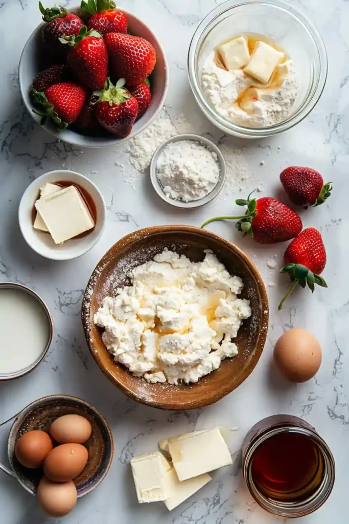 A breakfast plate of fluffy ricotta pancakes topped with strawberries and syrup. The pancakes are soft and perfectly cooked.