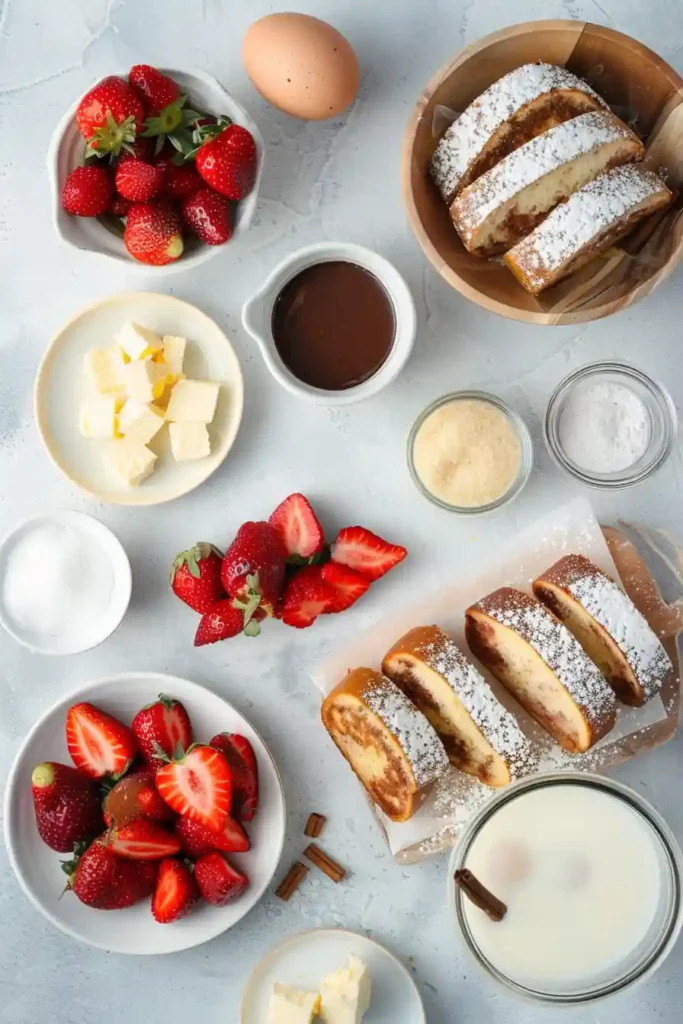 French Toast Roll-Ups coated in cinnamon sugar served warm with strawberry filling on a plate.