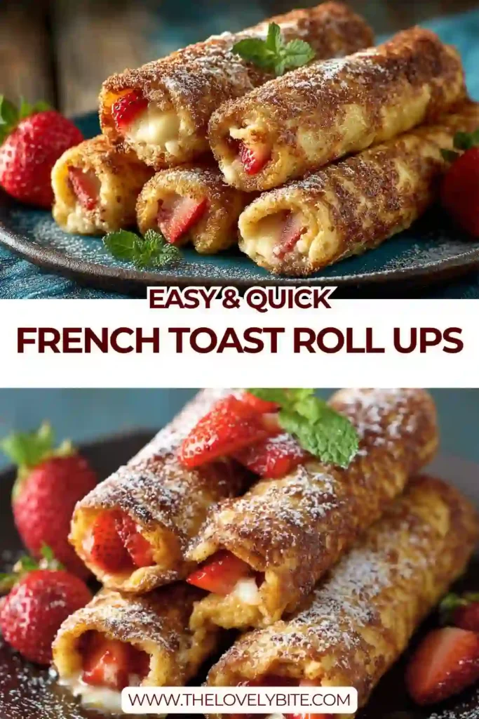 Homemade French Toast Roll-Ups stacked on a plate with soft texture and sweet filling inside.