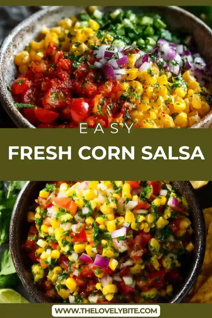 A bowl of Fresh Corn Salsa made with sweet corn, diced tomatoes, red onion, and cilantro, topped with fresh lime juice. The salsa looks vibrant and colorful, perfect for summer meals.