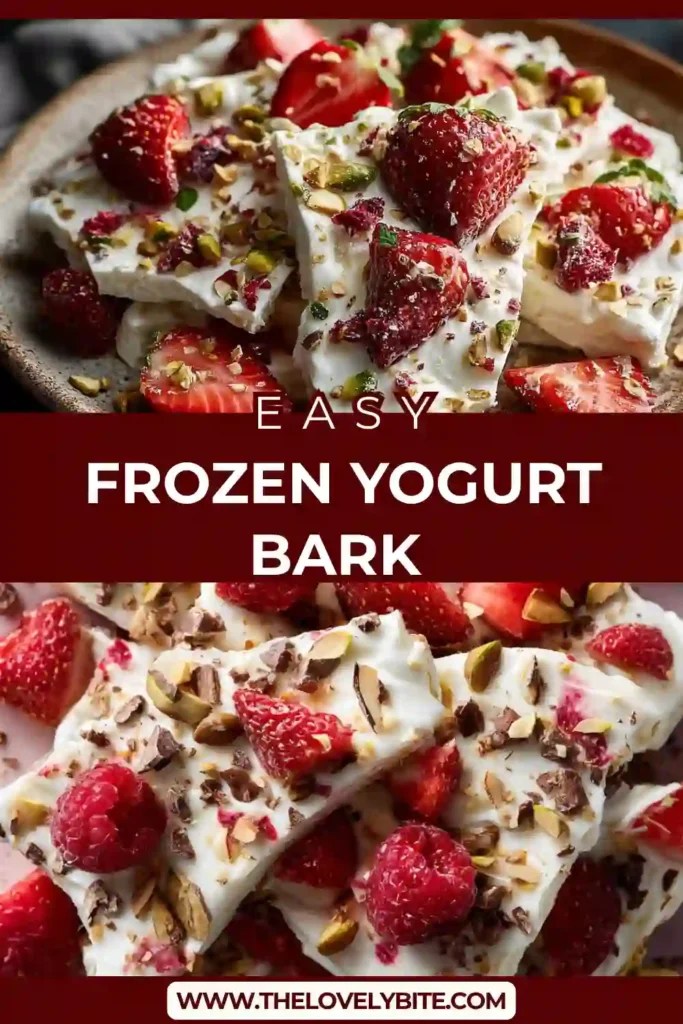 A frozen yogurt bark topped with fresh strawberries and pistachios, broken into pieces and served as a healthy snack. The texture looks creamy with crunchy toppings.