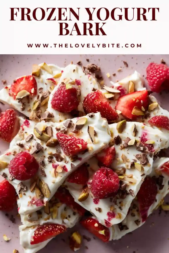 Homemade frozen yogurt bark recipe spread on a tray with sliced strawberries and nuts before freezing. Bright colors highlight freshness.