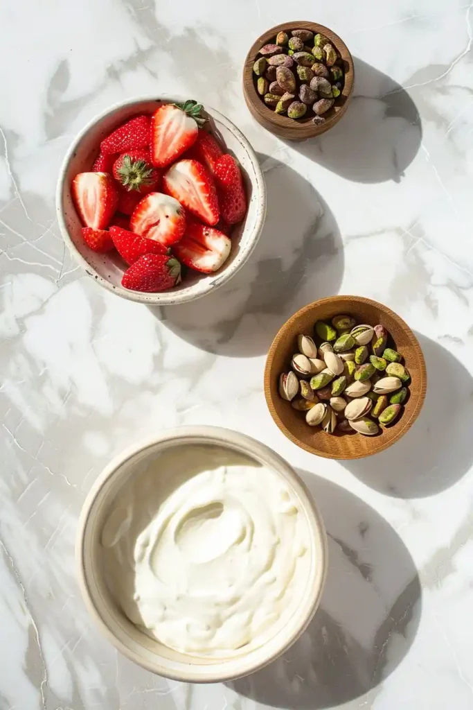 A baking sheet filled with yogurt bark topped with fruit and nuts, ready to be broken into chunks after freezing.