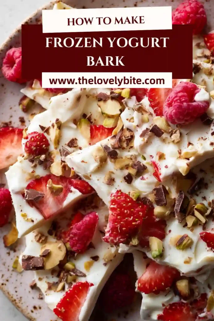 Close-up of frozen yogurt bark pieces with strawberries and pistachios, showcasing creamy texture and crunchy topping contrast.