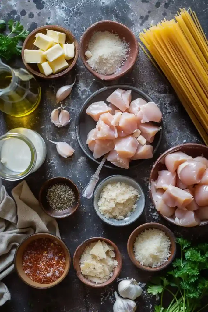 Creamy chicken pasta dish with garlic butter chicken bites and fresh parsley, perfect comfort meal presentation.