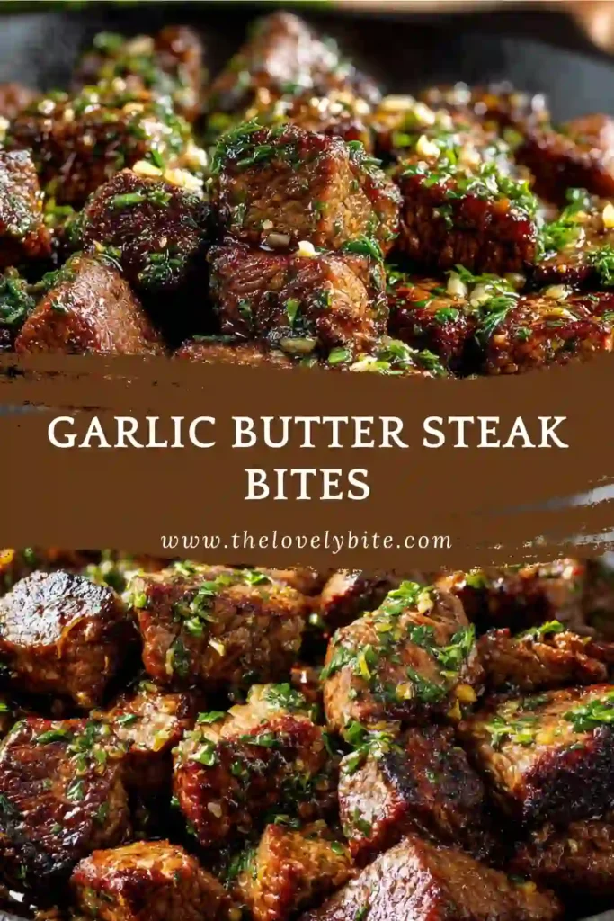 Skillet garlic butter steak bites with perfectly seared edges and glossy buttery coating.