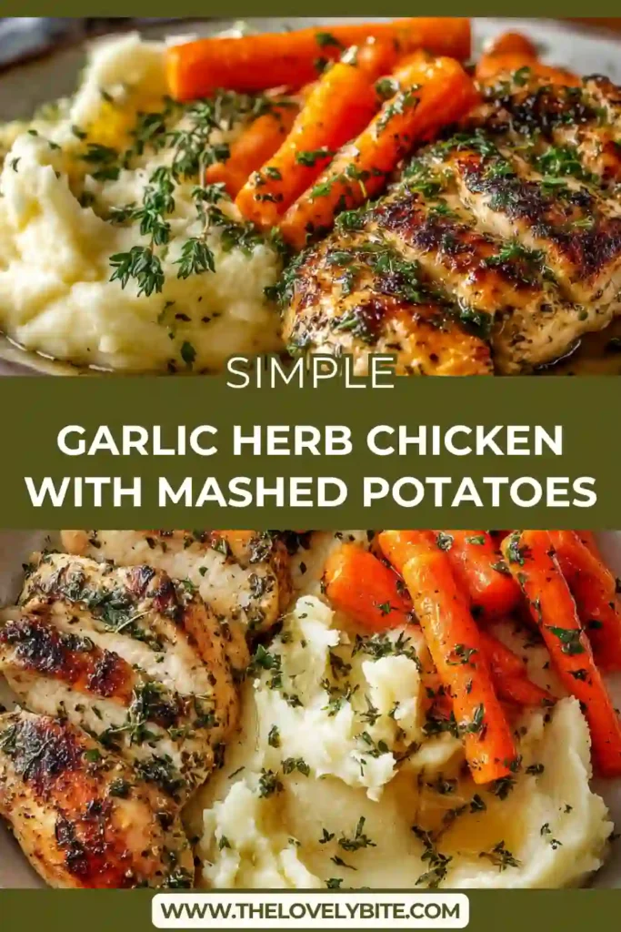 A complete dinner plate of Garlic Herb Chicken with Mashed Potatoes and roasted carrots, styled for a cozy homemade meal.
