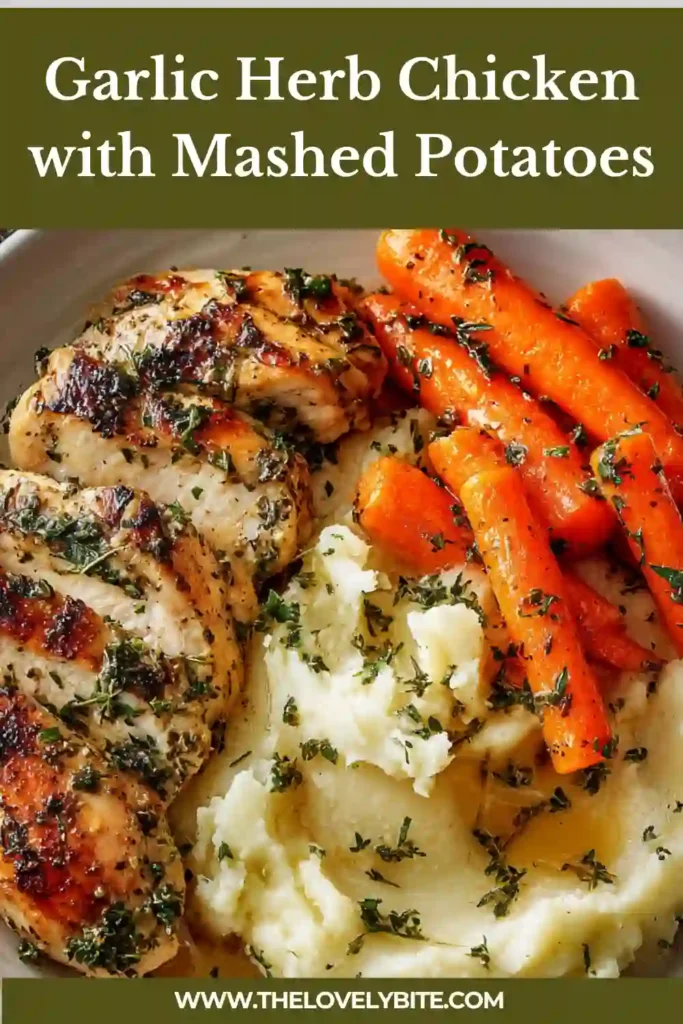 Close-up of Garlic Herb Chicken with Mashed Potatoes and honey glazed carrots, highlighting rich sauce and golden sear.