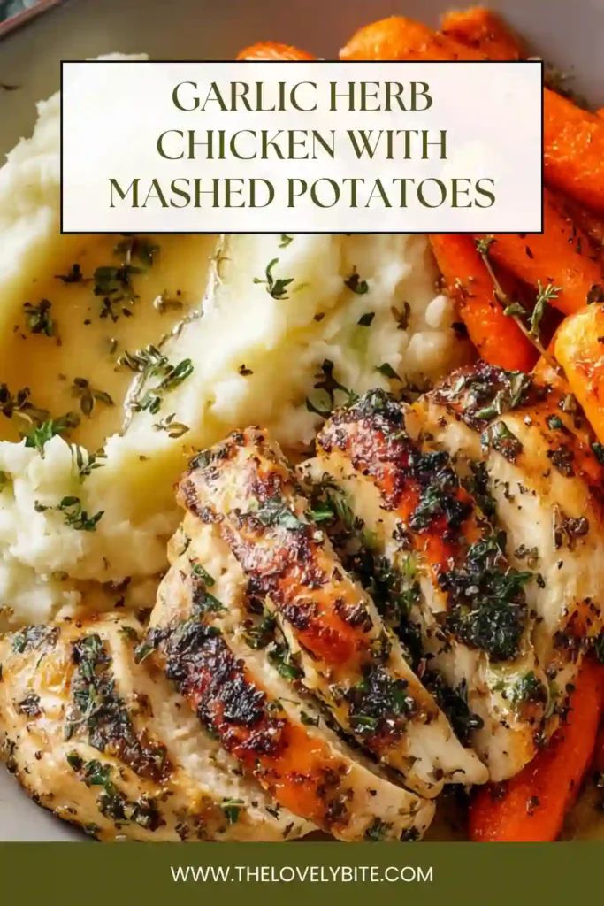 Garlic Herb Chicken with Mashed Potatoes served with glazed carrots on a plate, showing juicy chicken and creamy texture. The meal looks warm and comforting.