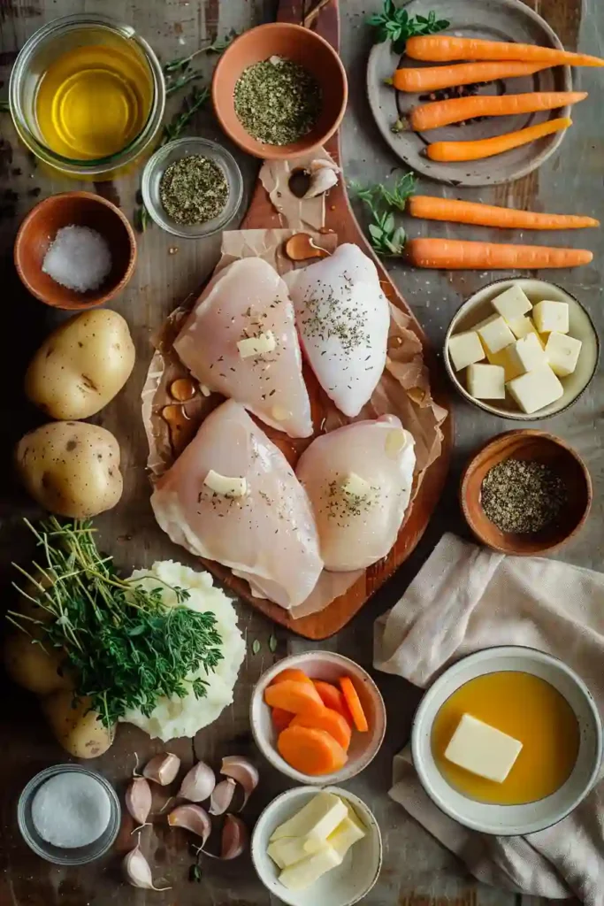 Juicy herb-seasoned chicken served over creamy mashed potatoes with caramelized carrots on the side.