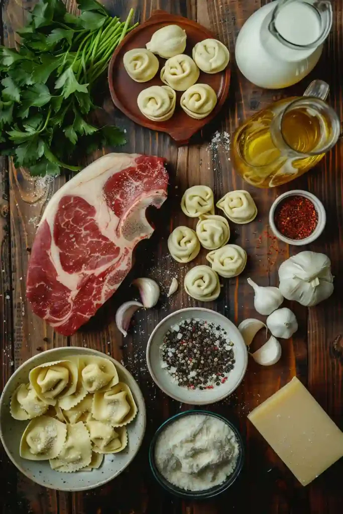 Freshly cooked Garlic Steak Tortellini garnished with parsley and chili flakes in a creamy white sauce.