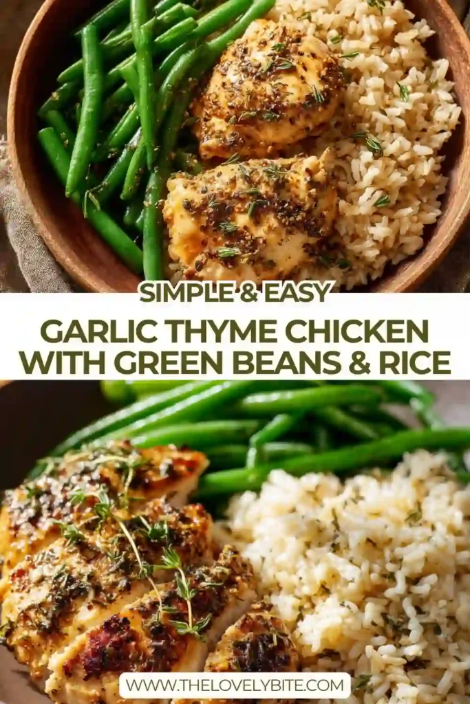 Garlic Thyme Chicken served with green beans and brown rice on a plate, showcasing a healthy balanced meal with vibrant colors and fresh ingredients.