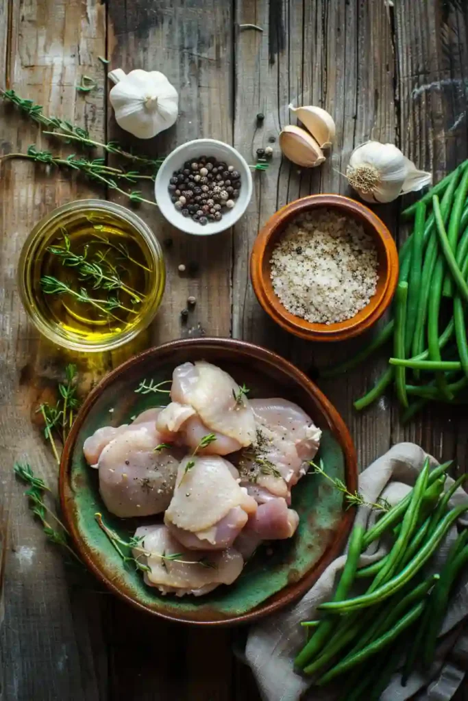 Healthy garlic thyme chicken bowl with seasoned green beans and rice, ideal for weeknight cooking inspiration.