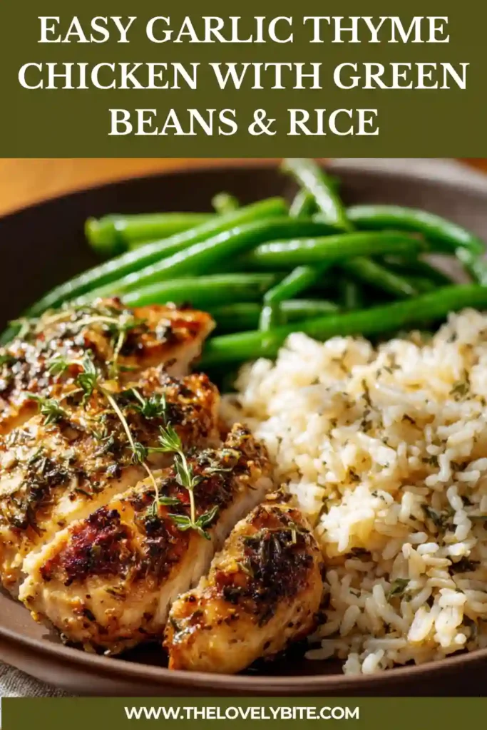 One pan garlic thyme chicken with crisp green beans and fluffy rice, perfect for a quick homemade meal.