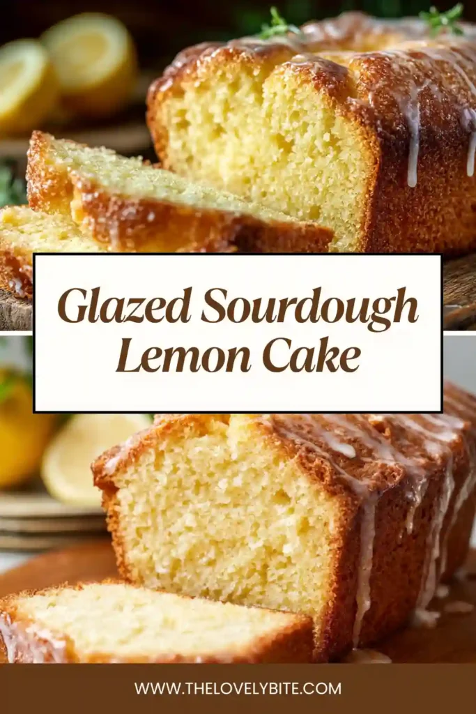 Close-up of glazed sourdough lemon cake with soft texture and citrus glaze dripping over the edges. Bright and fresh appearance.