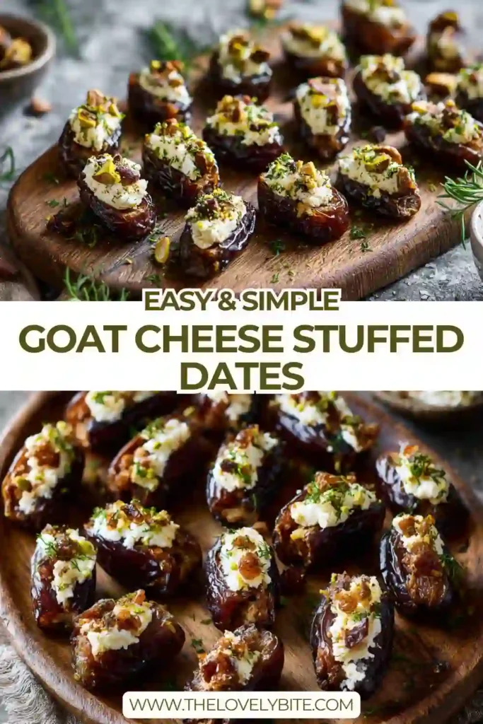 Goat Cheese Stuffed Dates arranged on a serving plate, topped with walnuts, pistachios, honey drizzle, and fresh thyme. A savory vegetarian appetizer.