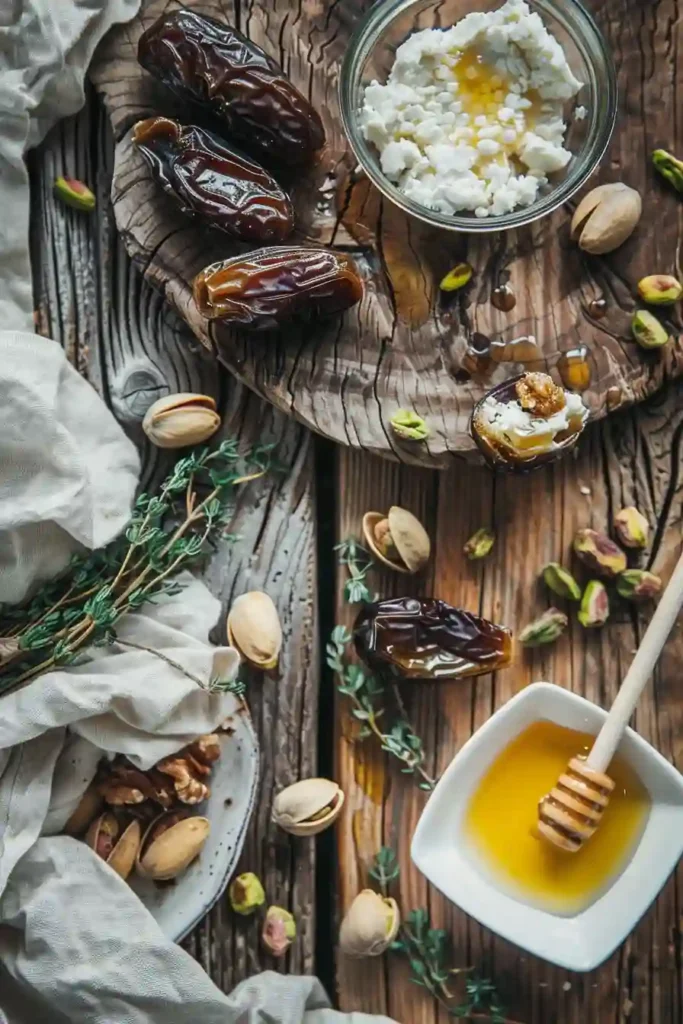 Sweet and savory stuffed dates with goat cheese and crunchy toppings, styled on a rustic serving board.