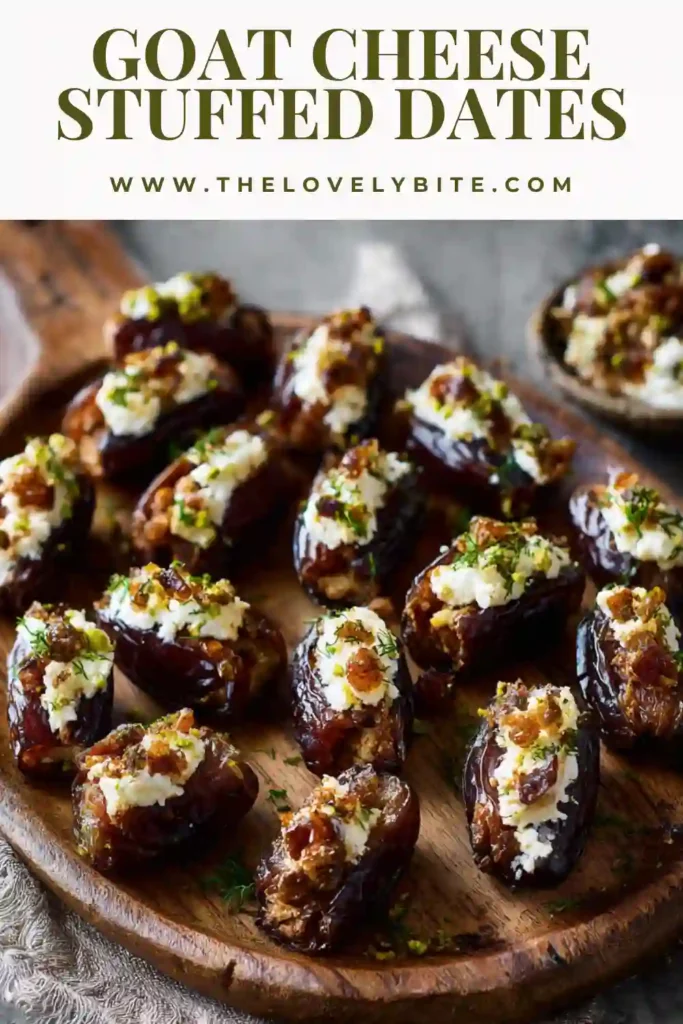 Close-up of Medjool dates filled with creamy goat cheese and garnished with nuts and herbs, showing texture and detail.