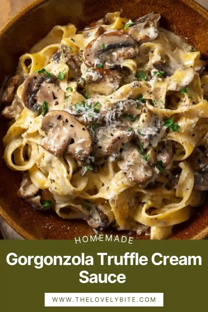 Homemade gorgonzola truffle cream sauce in a pan with herbs and melted cheese.