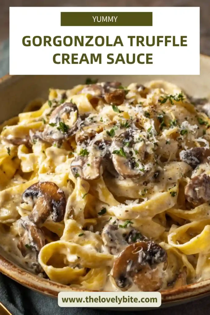 A creamy gorgonzola truffle pasta sauce with mushrooms served over pasta in a white bowl with parmesan topping.