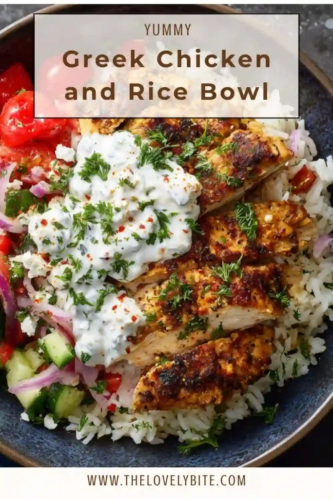 Close-up of Greek Chicken and Rice Bowl featuring juicy chicken thighs, fluffy rice, cucumber salad, and feta cheese topping.
