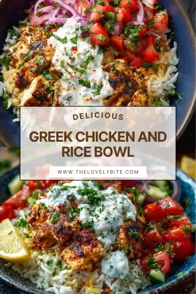 Mediterranean Greek Chicken and Rice Bowl with vibrant vegetables, yogurt sauce, and warm pita bread on the side.