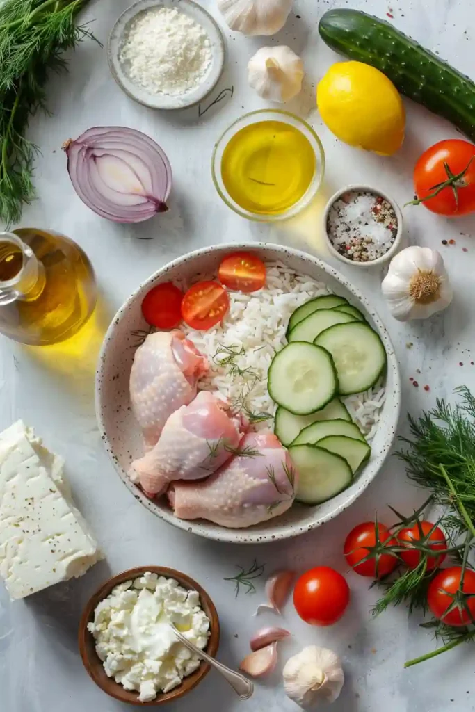 Greek Chicken and Rice Bowl served with lemon rice, grilled chicken, fresh salad, and creamy tzatziki in a rustic bowl. Bright and healthy Mediterranean meal.