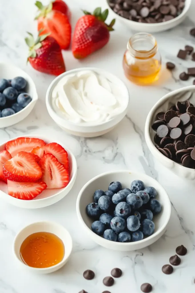 Greek Yogurt Berry Bark topped with strawberries, blueberries, and chocolate chips on parchment paper. A healthy frozen dessert ready to serve.