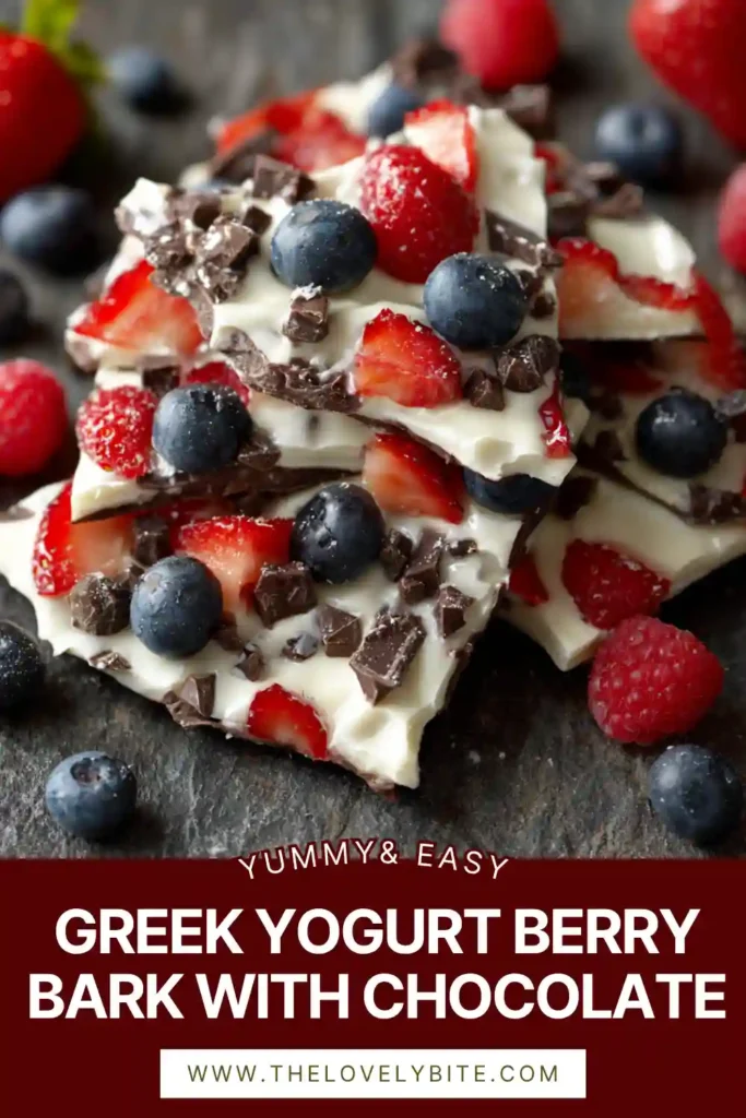 Close-up of Greek Yogurt Berry Bark with fresh berries and chocolate chips, showing creamy texture and vibrant colors.