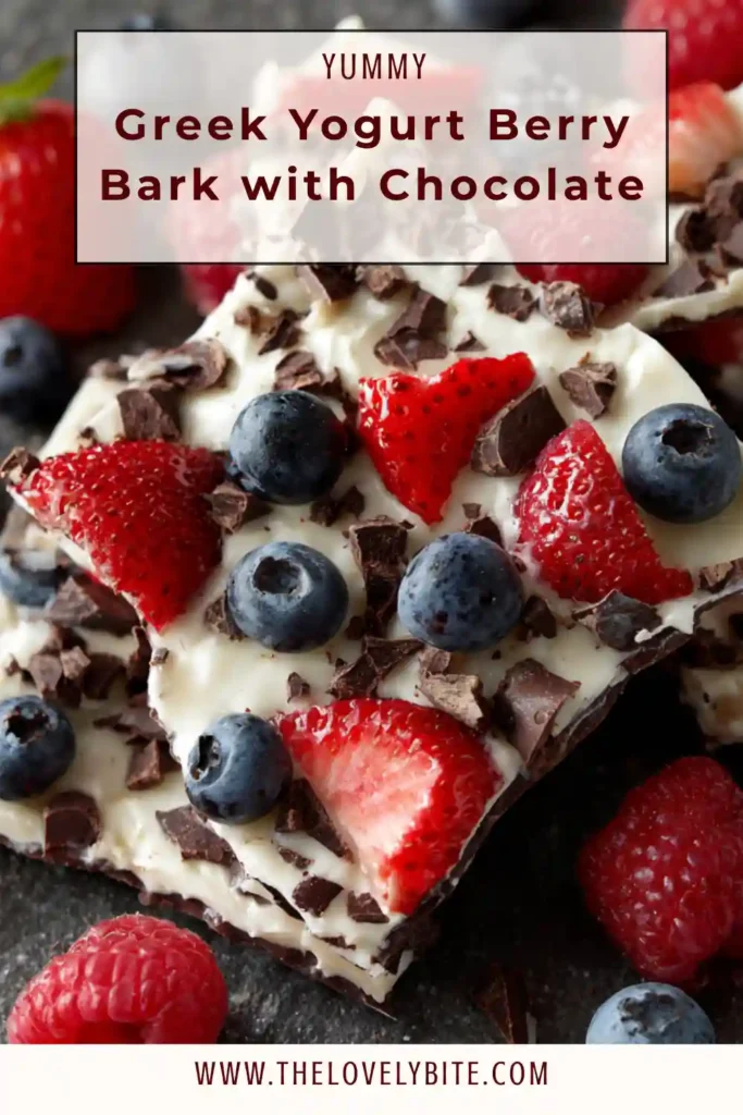 Frozen Greek Yogurt Berry Bark broken into pieces with visible layers of yogurt, berries, and chocolate.