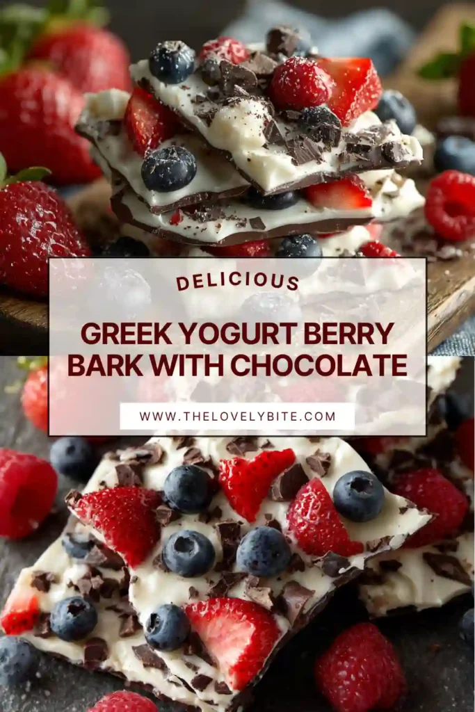 Homemade Greek Yogurt Berry Bark arranged on a tray, featuring strawberries, blueberries, and drizzled honey.