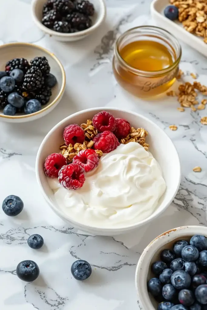 A fresh berry yogurt bowl with creamy Greek yogurt, crunchy toppings, and natural sweetness from honey. Ideal for a healthy start to the day.