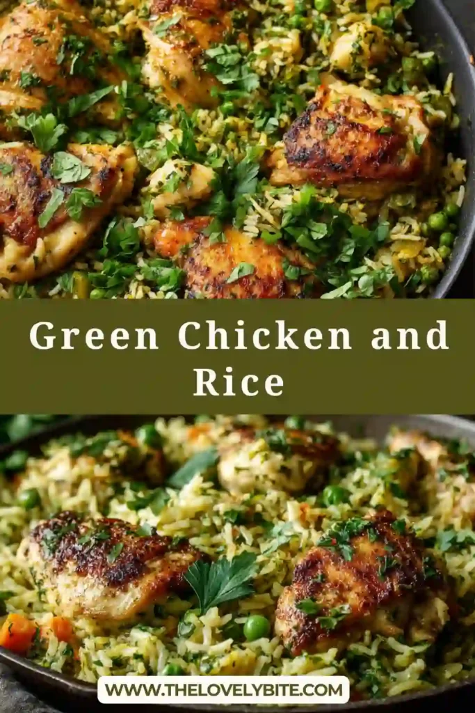 Close-up of green chicken and rice with cilantro and lime garnish. The dish looks warm, comforting, and full of rich savory flavor.