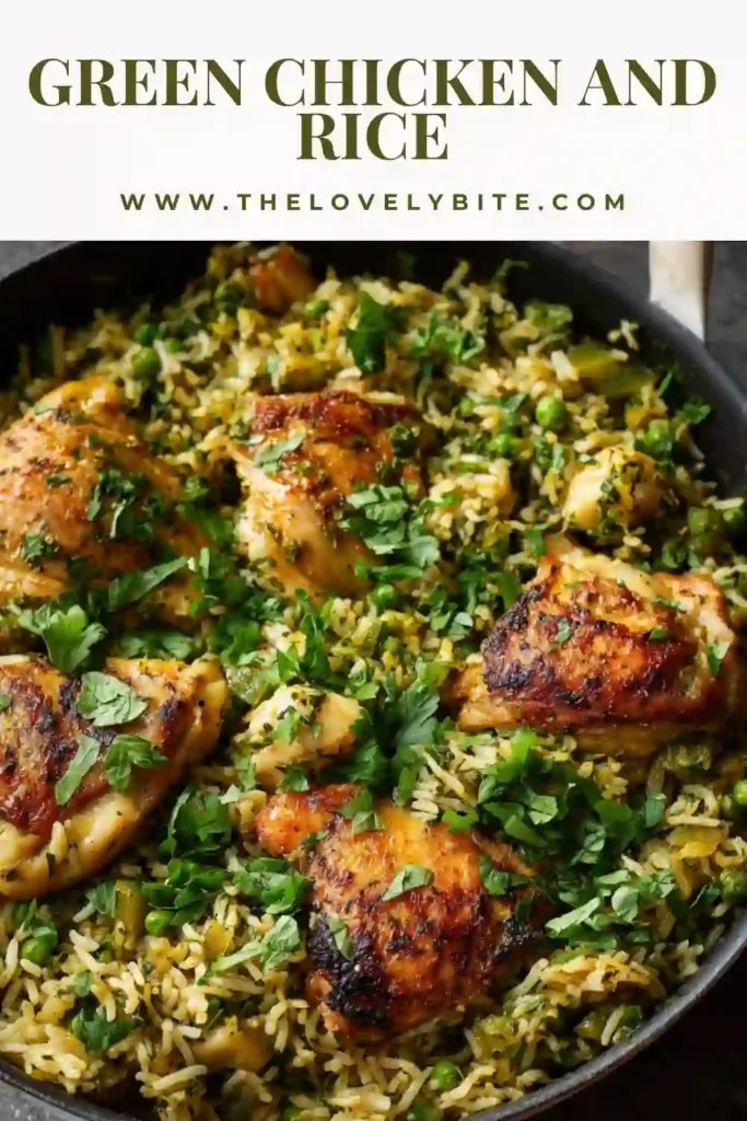 One pot green chicken and rice dish showing juicy chicken over herb-infused rice. Bright green color from blended herbs makes it visually fresh and appetizing.