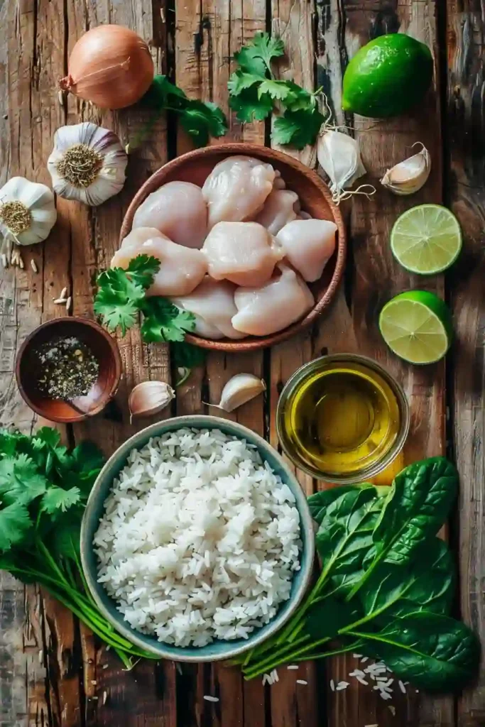 Homemade green chicken and rice in a pan, featuring tender chicken and perfectly cooked rice coated in a green herb sauce.