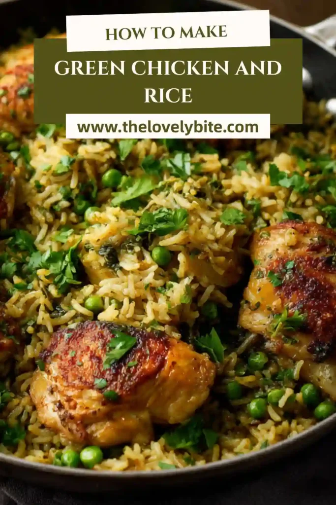 Green Chicken and Rice served in a skillet with fresh herbs and lime wedges. The rice is fluffy and infused with vibrant green sauce and tender chicken pieces.