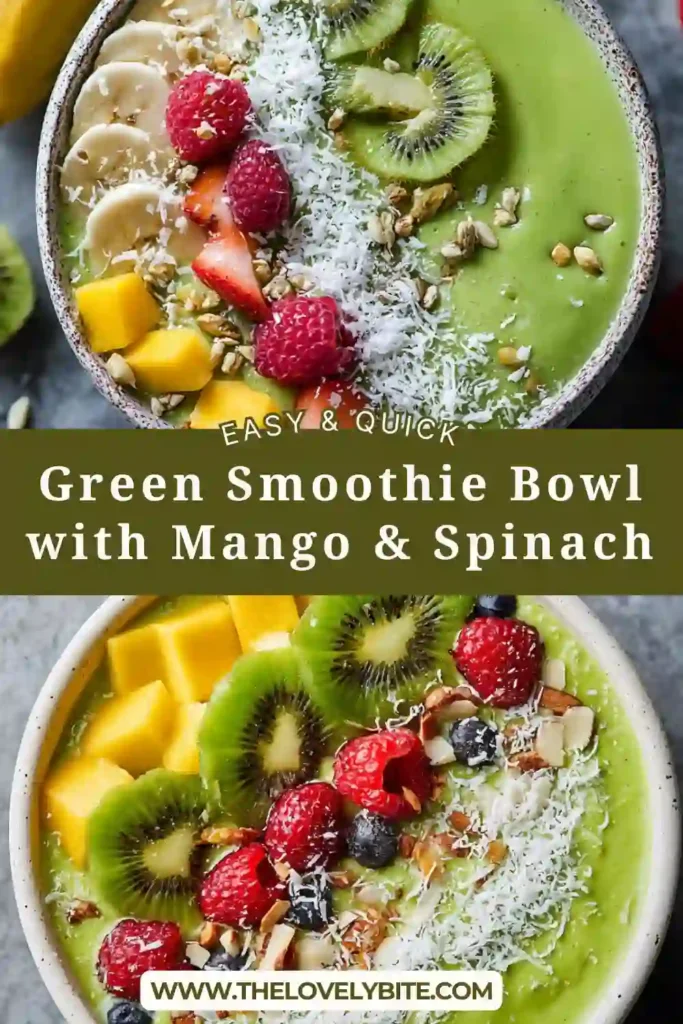 A vibrant green smoothie bowl topped with mango, strawberries, and coconut flakes in a white bowl. The texture looks creamy and refreshing, perfect for a healthy breakfast.