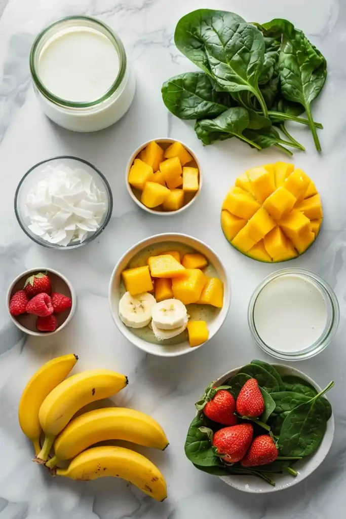 Healthy green smoothie bowl served with tropical toppings including mango and strawberries. A creamy and nutrient-rich breakfast idea.