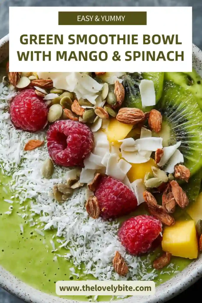 Close-up of a green smoothie bowl made with spinach and mango, garnished with fresh fruits and coconut. A nutritious and colorful breakfast option.