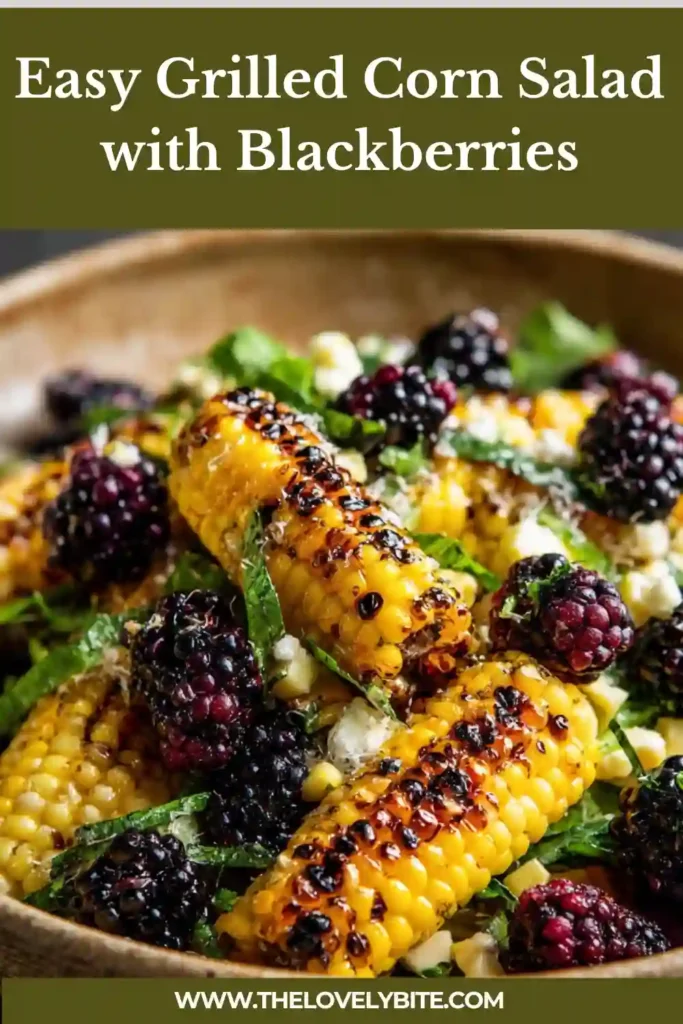 A bowl of grilled corn salad with blackberries, avocado, and fresh greens tossed in lime dressing. The salad looks vibrant and colorful.
